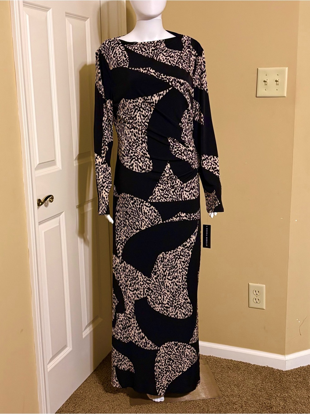 Gorgeous Donna Morgan Black & Cream Long Sleeve Abstract Print Maxi Dress S 12